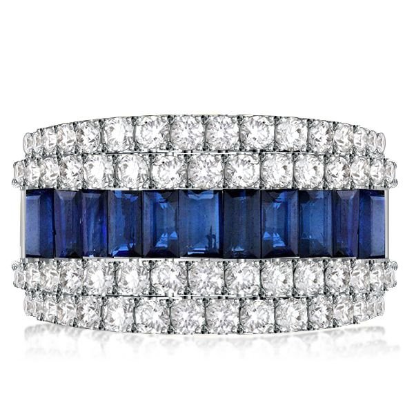 Multi Row Blue Sapphire Half Eternity Wedding Band For Women