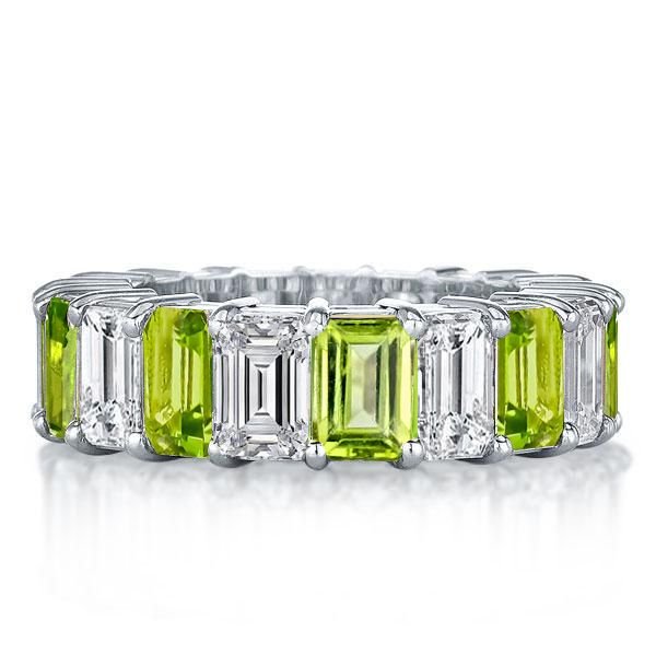 Peridot & White Emerald Cut Eternity Wedding Band Ring