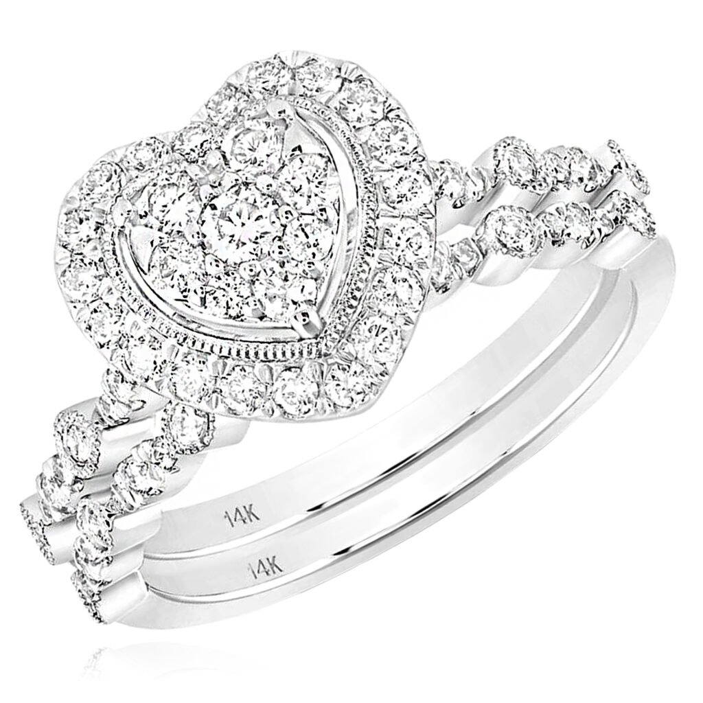 14K White Gold Heart Cluster Bridal Engagement Ring Set