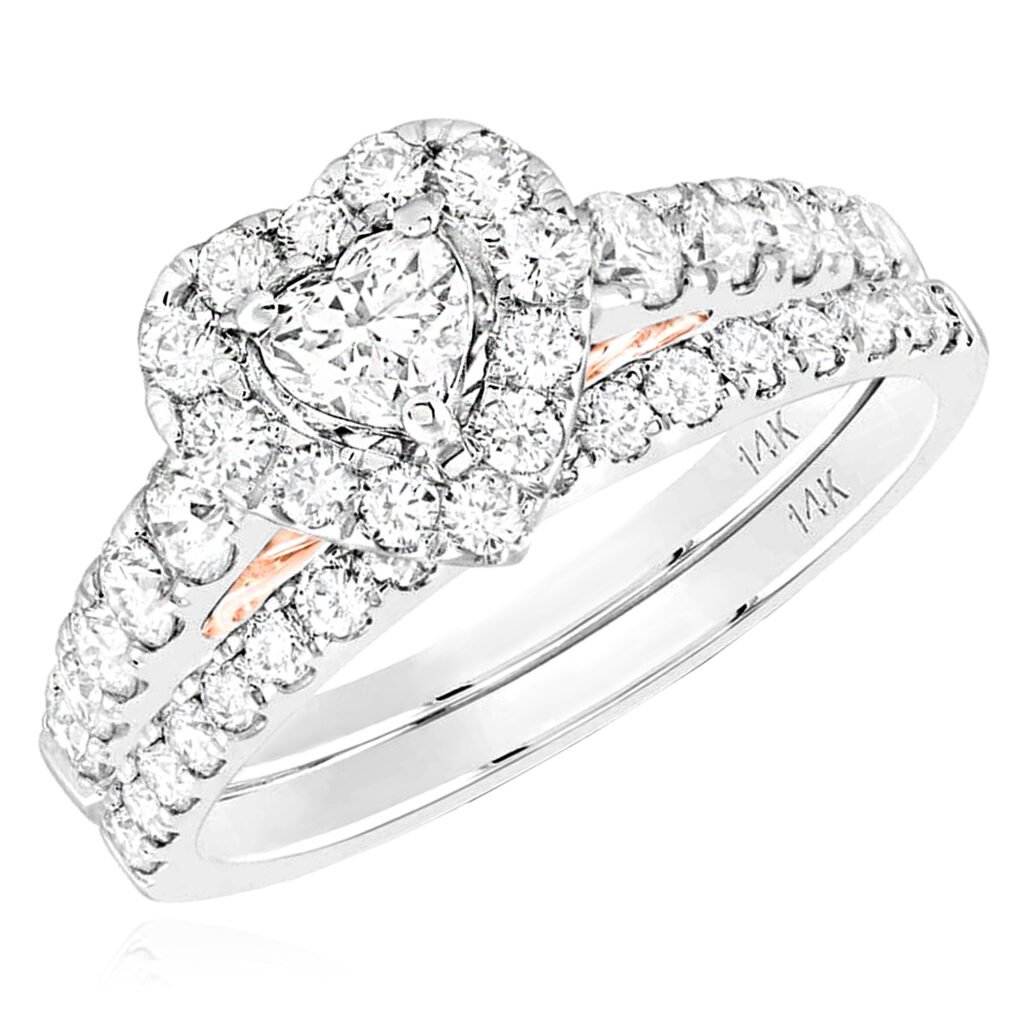 14K White Gold Heart Bridal Engagement Ring Set