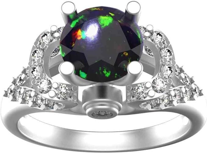 Round Natural Black Opal And Diamond Ring