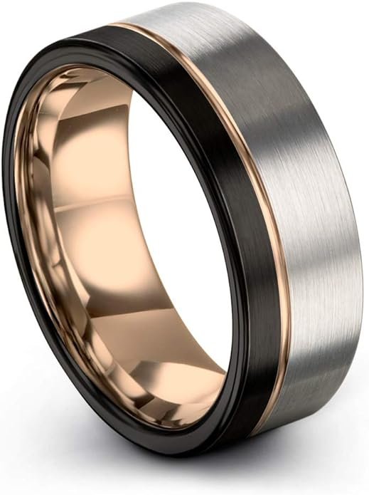 Tungsten Wedding Band Ring Plated Flat Cut Off Set Line Black Grey Half Brushed Polished