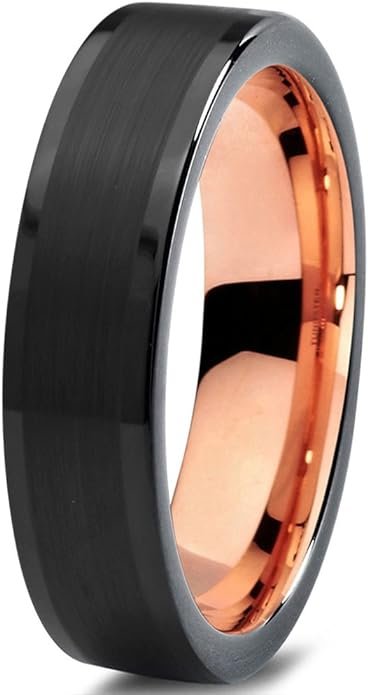 Tungsten Wedding Band Ring 18k Rose Gold Plated Flat Cut Black Grey Brushed Polished