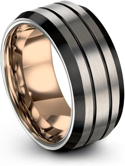 Tungsten Wedding Band Ring 10mm For Men And Women Bevel Edge Grey Black 18K Rose Gold Double Line Brushed Polished