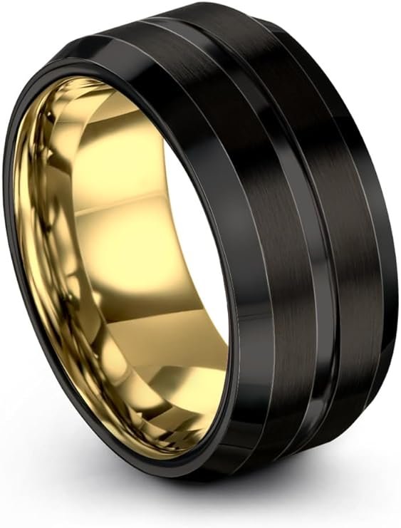 Tungsten Wedding Band Ring Bevel Edge Black 18K Yellow Gold Brushed Polished