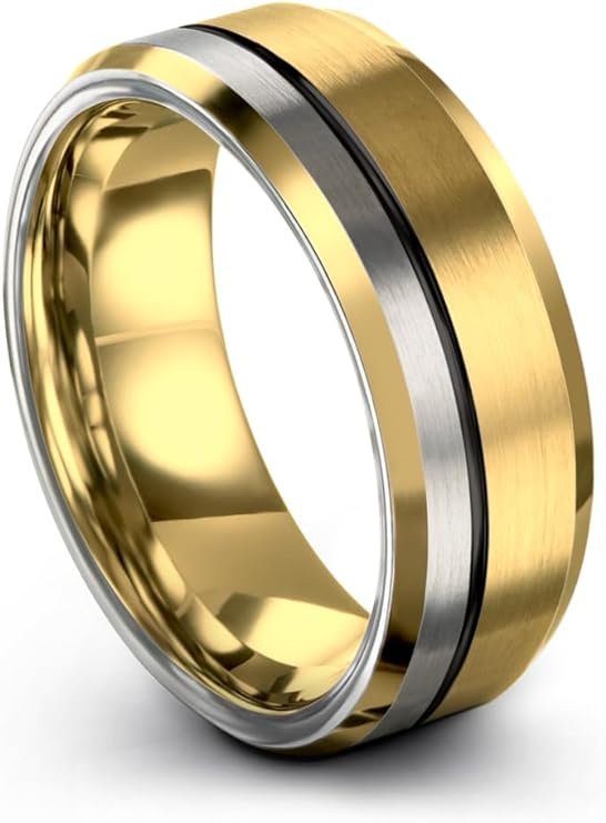 Tungsten Wedding Band Ring Bevel Edge 18K Yellow Gold Grey Black Offset Line Brushed Polished