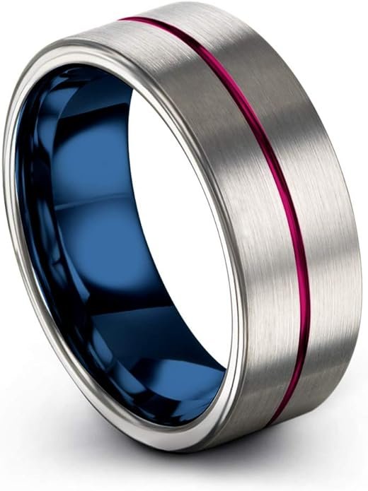 Tungsten Carbide Wedding Band Ring 8mm for Men Women Blue Grey Center Line Flat Cut Brushed Polished