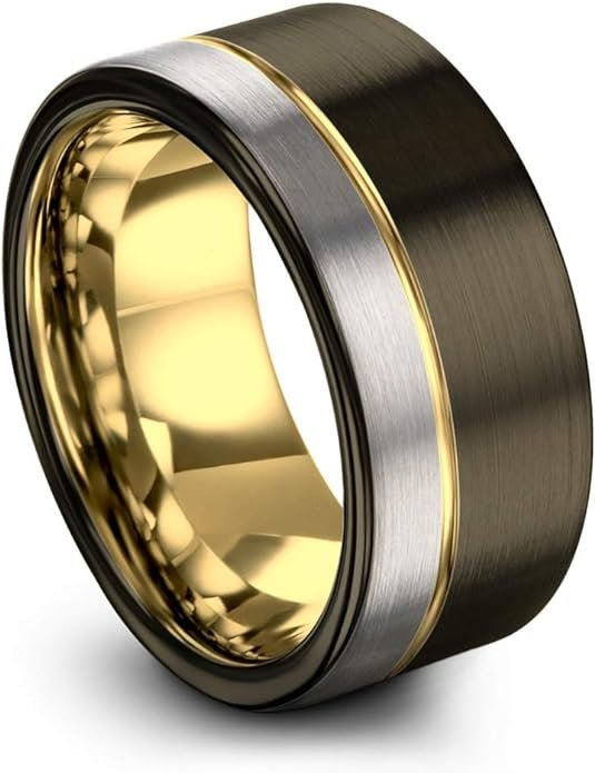 Tungsten Wedding Band Ring Plated Gunmetal Flat Cut Off Set Line Half Brushed Polished