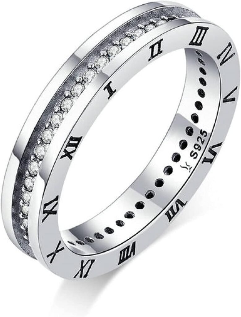 Women's Ring 925 Sterling Silver Couple Ring Roman Numerals Time Round Stackable Finger Rings for Couple Gift 