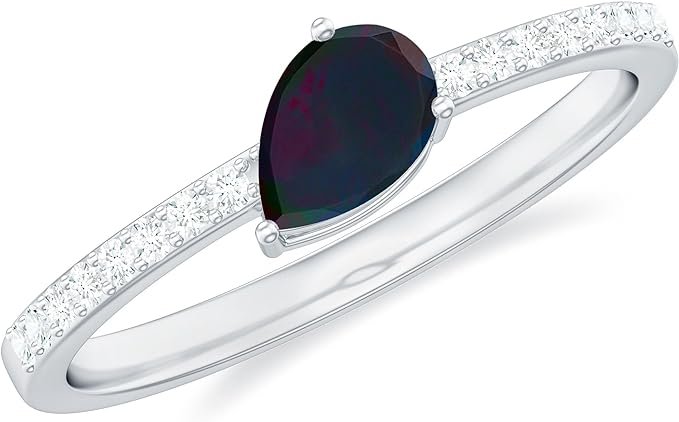 Real Black Opal Teardrop Solitaire Ring Moissanite