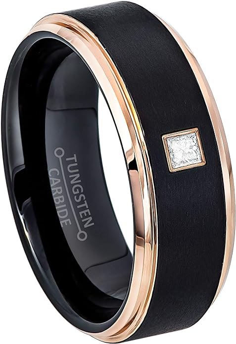 Solitaire Princess Cut Diamond Tungsten 2-Tone Rose Gold Tungsten Carbide Wedding Band