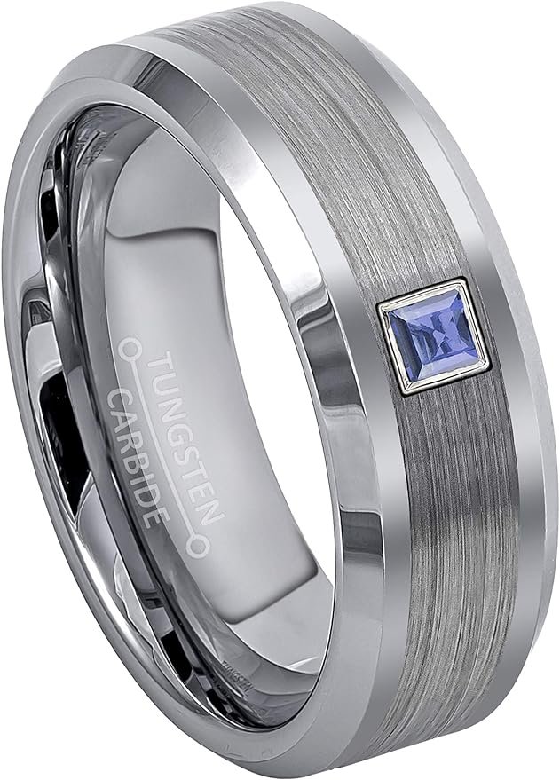 Tungsten Carbide Wedding Band Princess Cut Tanzanite Tungsten Ring