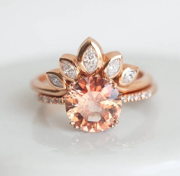 Hailey Oregon Sunstone Ring With Pave Diamond Band Rose gold women's wedding band with diamond